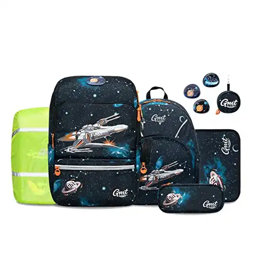 GMT for Kids Schulranzen Set 6-teilig Ergonomische Ultraleichte Schultasche Mädchen Junge Kinder Schulrucksack Raumschiff Grundschule Schultaschen 1-4. Klasse Rucksack 22 L