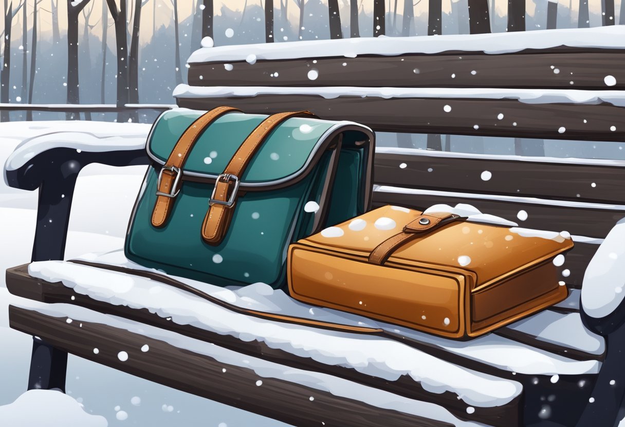 A durable winter wallet, resistant to cold and moisture, resting on a snowy bench