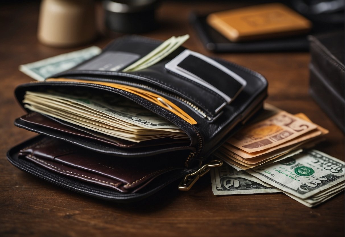 A cluttered wallet bursting with receipts, cards, and bills, showcasing the need for maximum organization in a men's wallet design