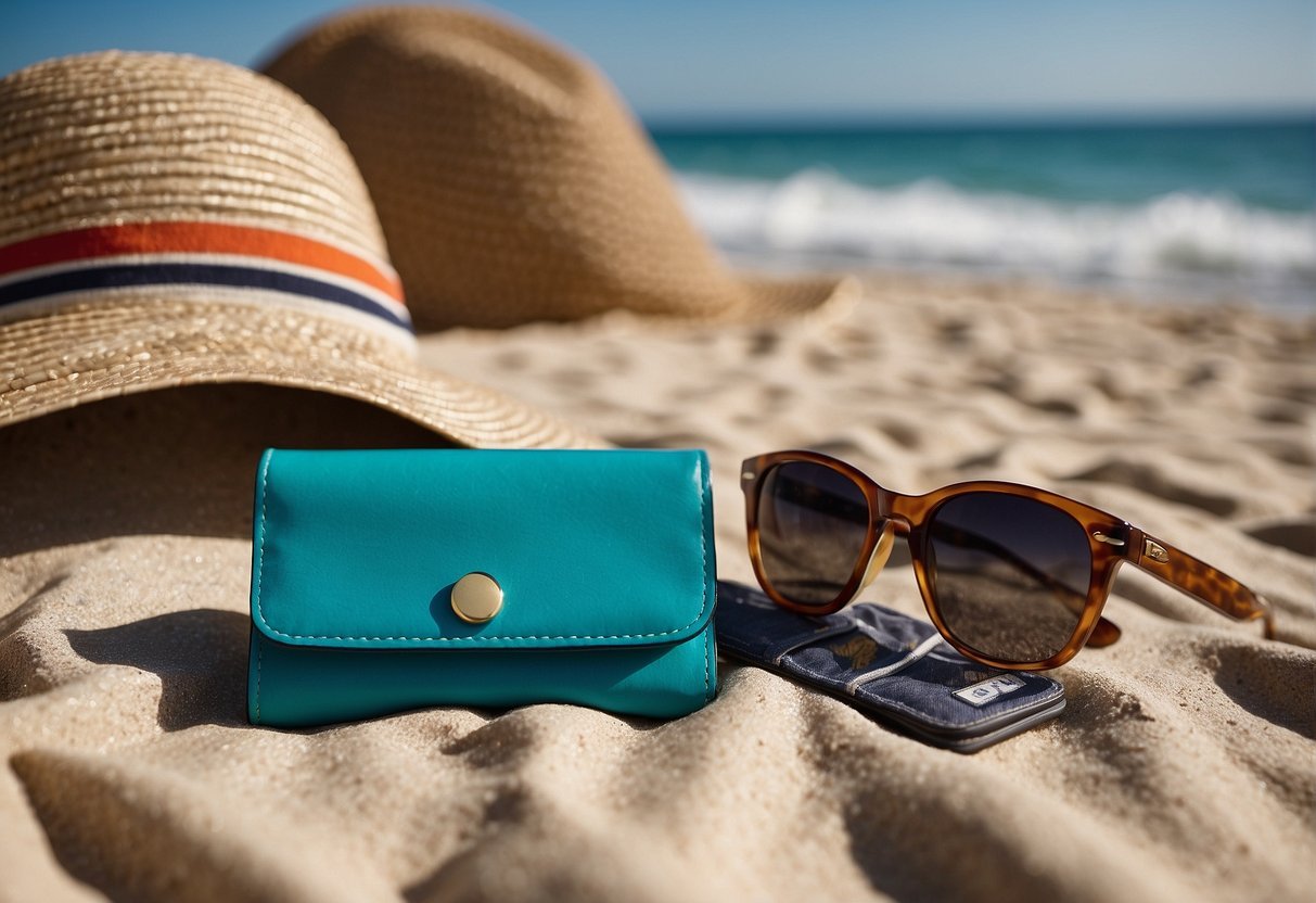 A colorful and compact wallet is shown next to a beach towel, sunglasses, and a map. The sun is shining, and a light breeze is blowing, creating a relaxed vacation atmosphere