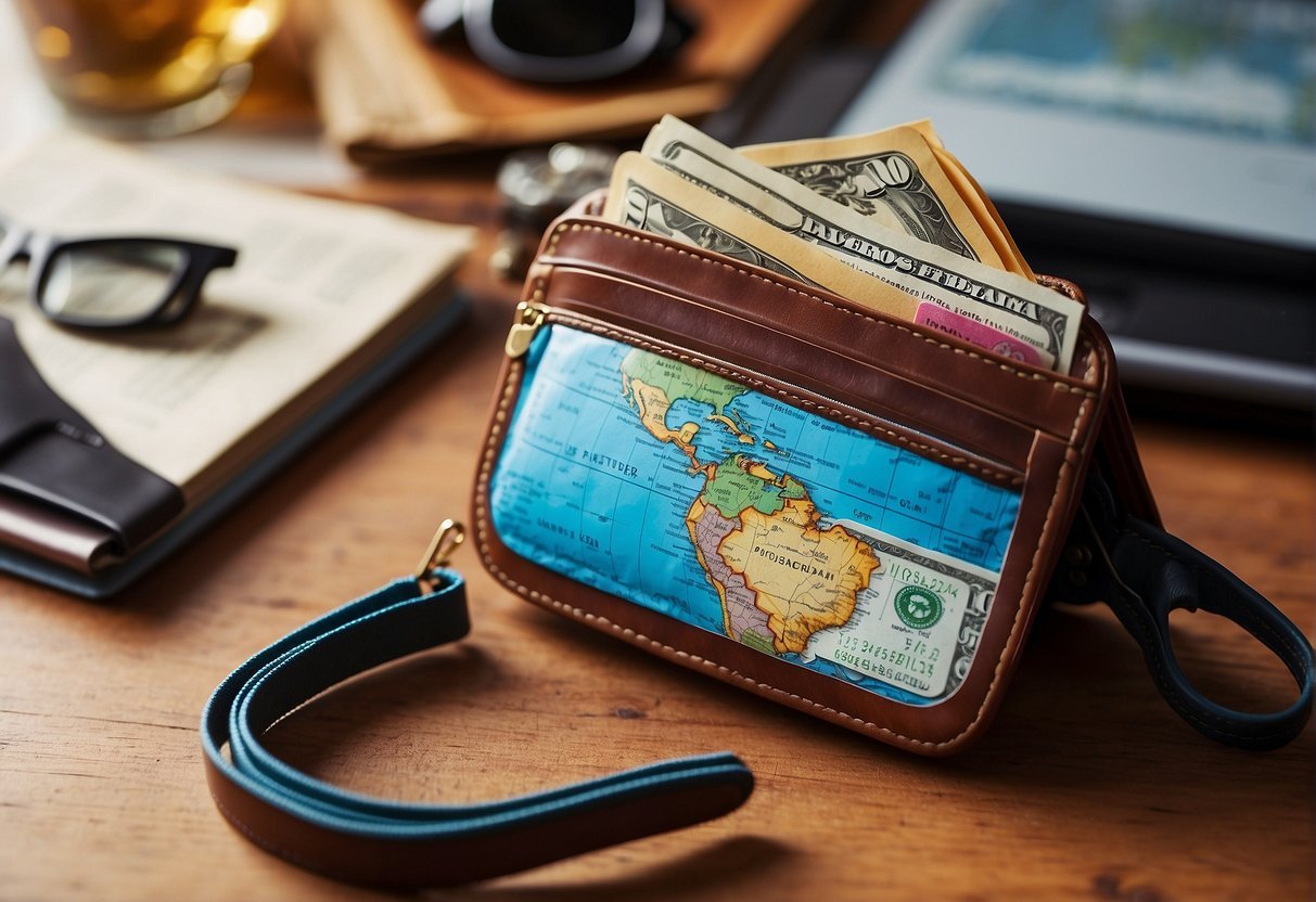 A colorful wallet with various payment options and currency symbols, surrounded by vacation essentials like sunglasses and a map