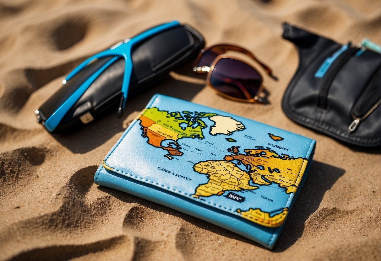 A colorful, compact wallet with multiple compartments lies open on a sandy beach towel, surrounded by sunglasses, sunscreen, and a map of a tropical island