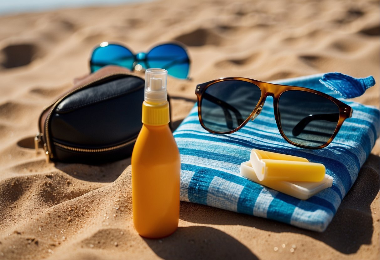 A colorful, lightweight wallet with multiple compartments sits next to a pair of sunglasses and a sunscreen bottle on a sandy beach towel