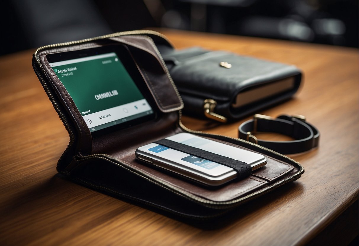 A sleek, modern wallet with compartments for gadgets and important documents, designed for the digital nomad's transportation and mobility needs