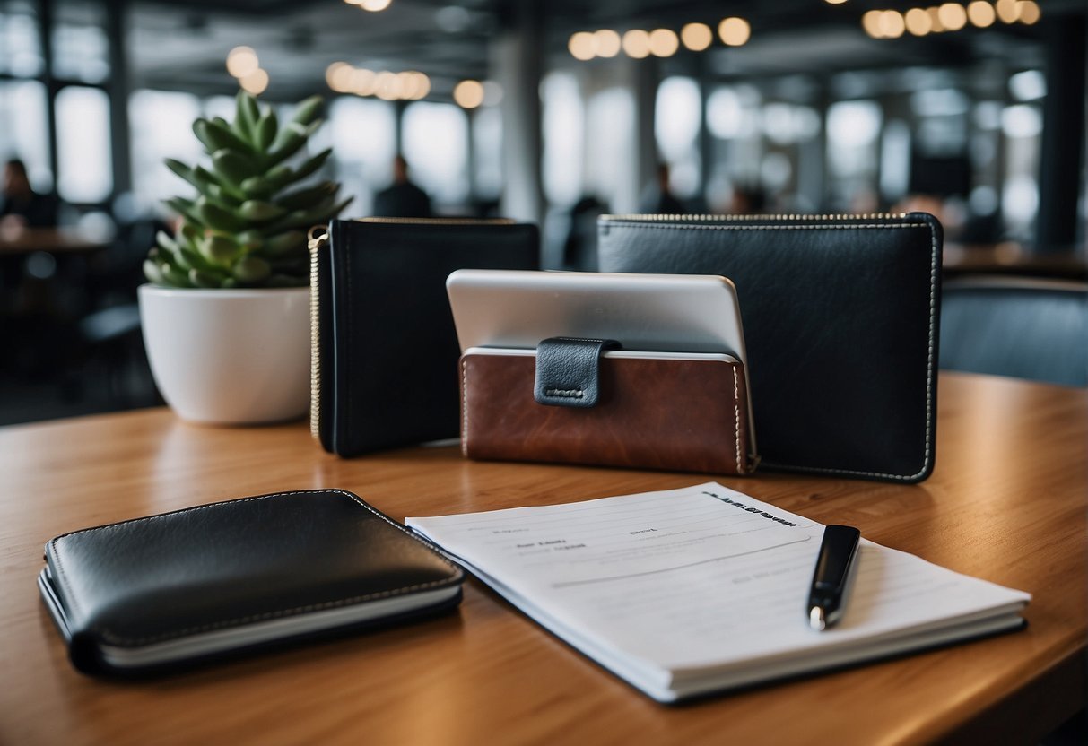 A sleek, modern workspace in a bustling international hotspot, with a stylish wallet for digital nomads, filled with gadgets and important documents