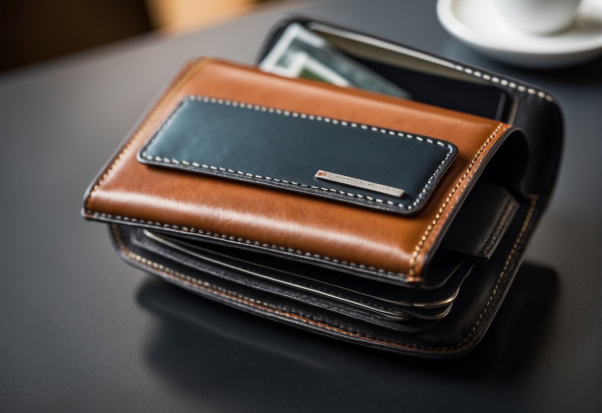 A sleek, modern wallet with compartments for gadgets and important documents, symbolizing long-term perspectives and career development for digital nomads