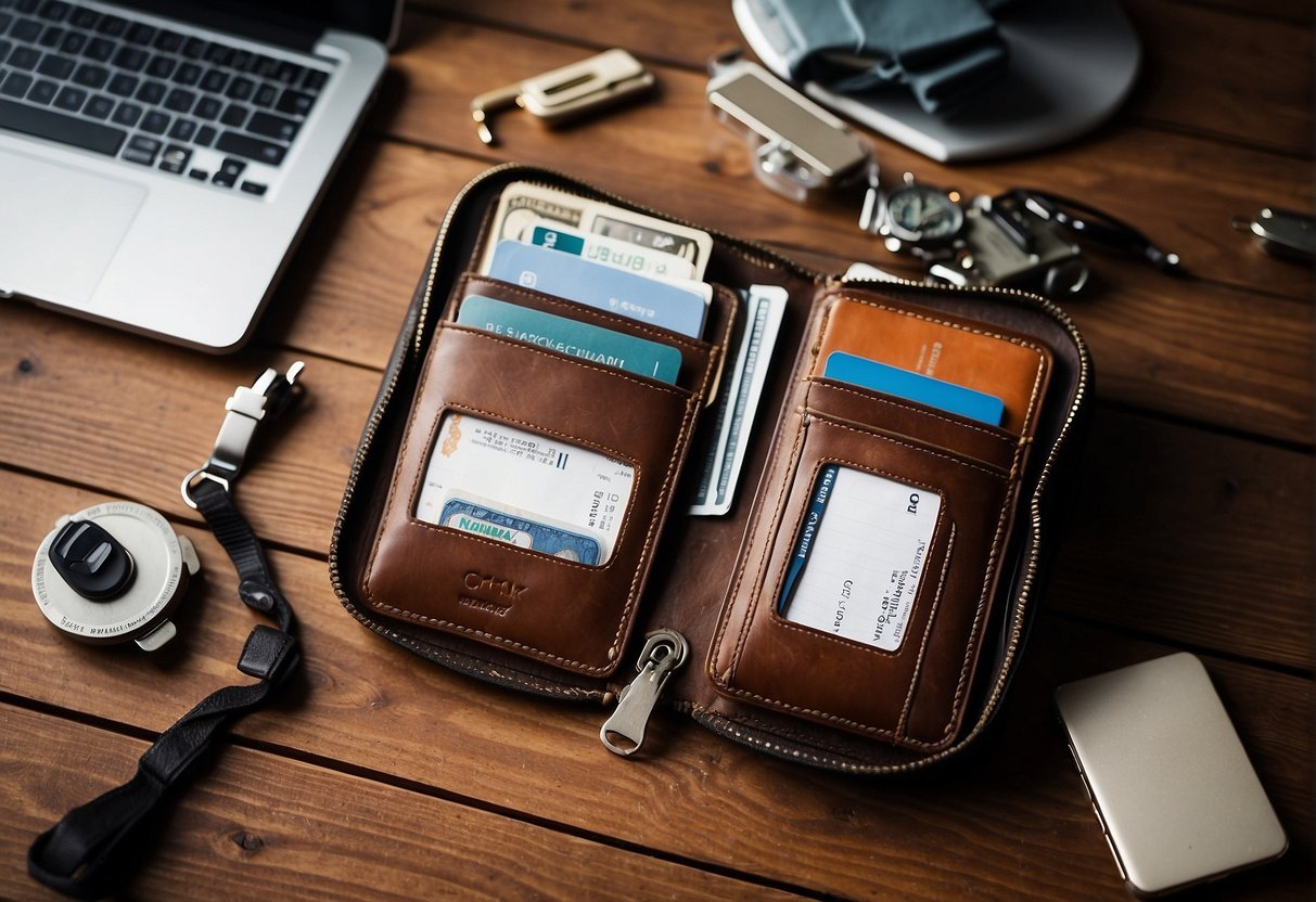 A digital nomad's wallet with space for gadgets and important documents, organized and planned for efficient use