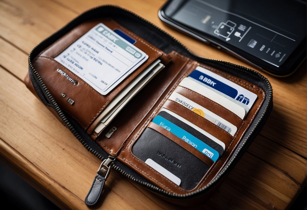 A digital nomad's wallet with space for gadgets and important documents, emphasizing safety and health while traveling