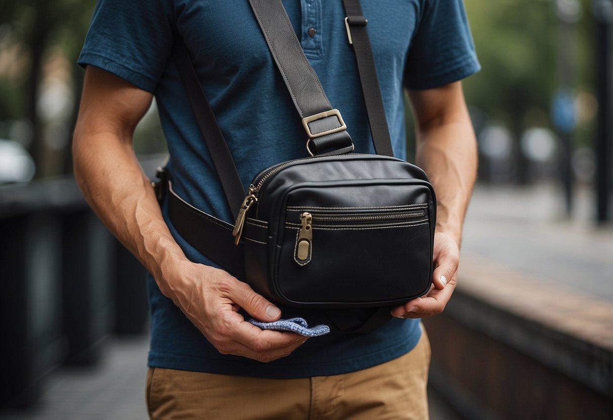 A stylish men's waist bag being cleaned and maintained