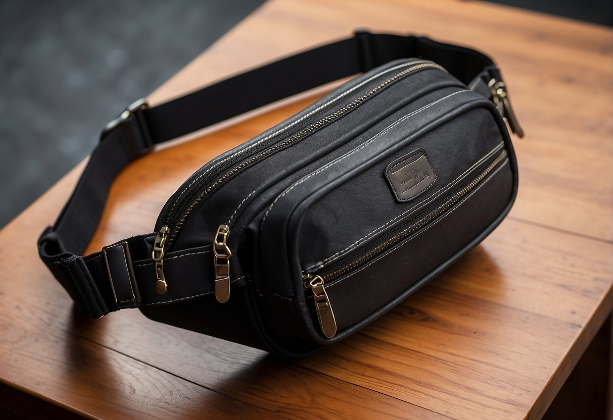 A stylish men's waist bag with bold, modern design, featuring multiple compartments and a sleek, adjustable strap