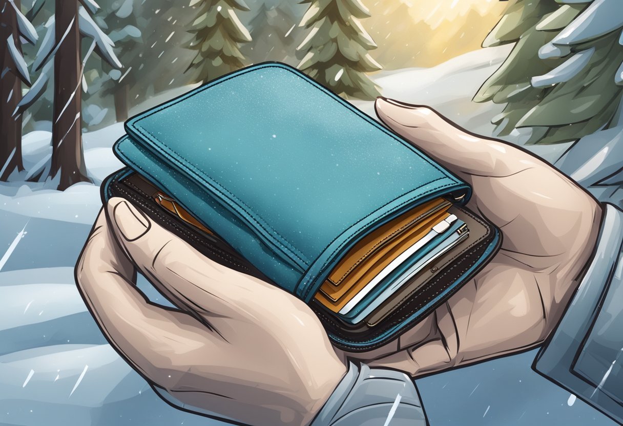 A wallet being protected from cold and moisture in a winter setting