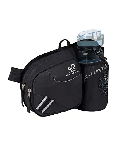 WATERFLY Gürteltasche Bauchtasche mit Flaschenhalter Damen und Herren, Atmungsaktiv Sport Hüfttasche für Laufen Radfahren Camping Klettern Reisen Wandern Joggen Hundetraining Schwarz