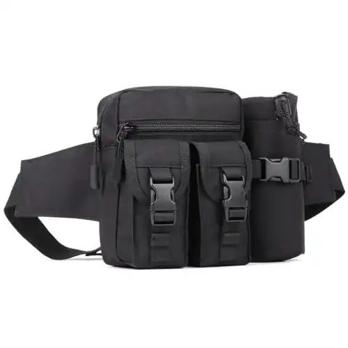 Huntvp Taktisch Hüfttasche mit Flaschenhalter Militärisch Bauchtasche Wasserdicht Gürteltasche MOLLE Wasserflasche Halter Multifunktional für Damen Herren Wandern Laufen Camping Trekking, Schwarz