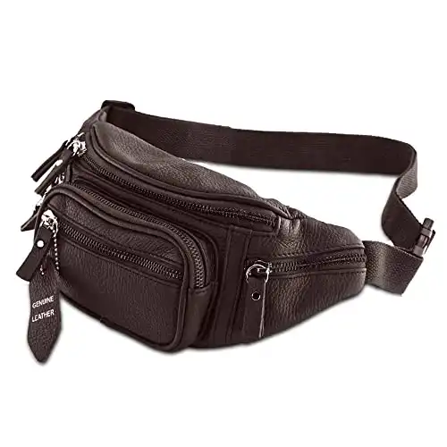 Bauchtasche, multifunktional, echtes Leder, Hüfttasche, Reisetasche für Damen und Herren, mehrere Taschen und stabile Reißverschlüsse, ideal zum Wandern, Laufen und Radfahren (braun)