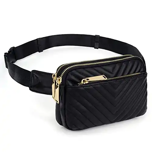 UTO Gürteltasche für Damen wasserdichte Bauchtasche Gesteppte Hüfttasche PU Leder Mode Schlanke Leichte Waist Pack Tasche mit 3 Reißverschlüsse Schwarz