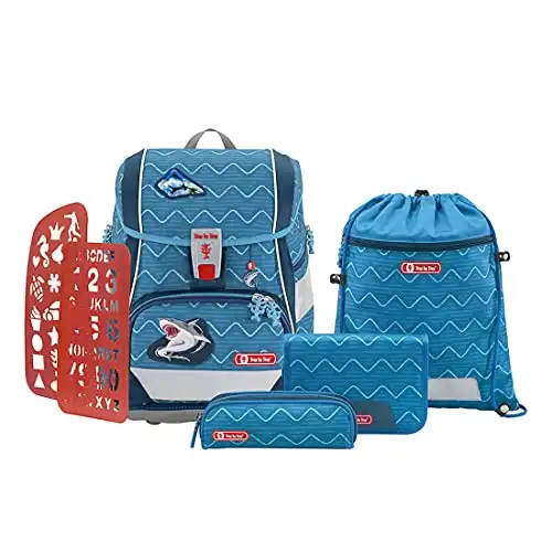 Step by Step Schulranzen-Set 2IN1 PLUS Angry Shark 6-teilig, blau, ergonomischer Tornister mit Reflektoren, höhenverstellbar mit Hüftgurt für Jungen und Mädchen ab der 1. Klasse, 19L