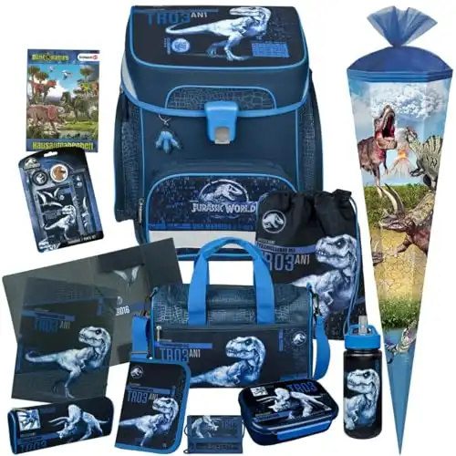 JURASSIC WORLD - Dinosaurier - SCOOLI Undercover EasyFit Schulranzen-Set 13tlg. mit SPORTTASCHE, BROTDOSE, TRINKFLASCHE, SCHULTÜTE, SCHREIBSET, HEFTMAPPE, BRUSTBEUTEL - HAUSAUFGABENHEFT GRATIS DAZU