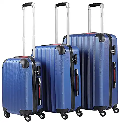 Monzana 3tlg. Kofferset Baseline Hartschalen Koffer M-L-XL Gel-Griffe 4 Rollen Kantenschutz Schloss Standfüße Trolley Rollkoffer Reisekoffer blau