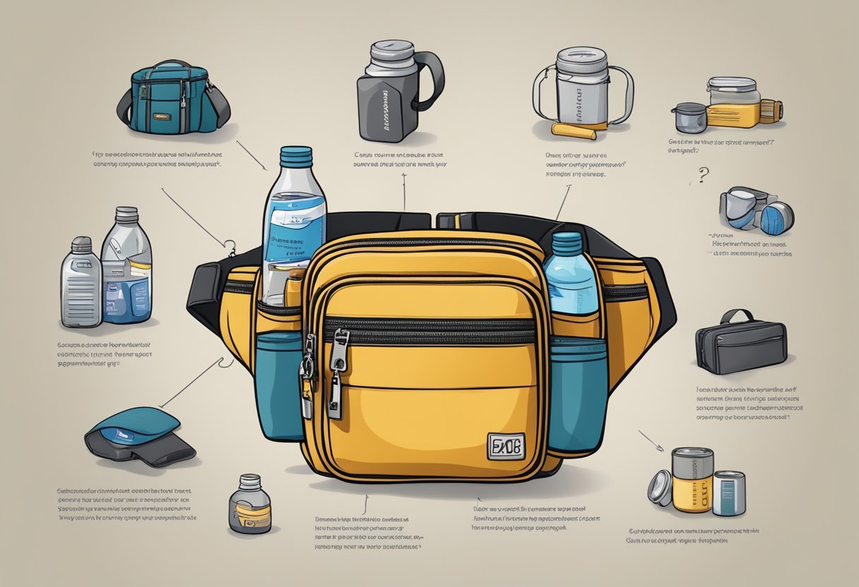 A waist bag with a built-in bottle holder, surrounded by a collection of frequently asked questions in various languages