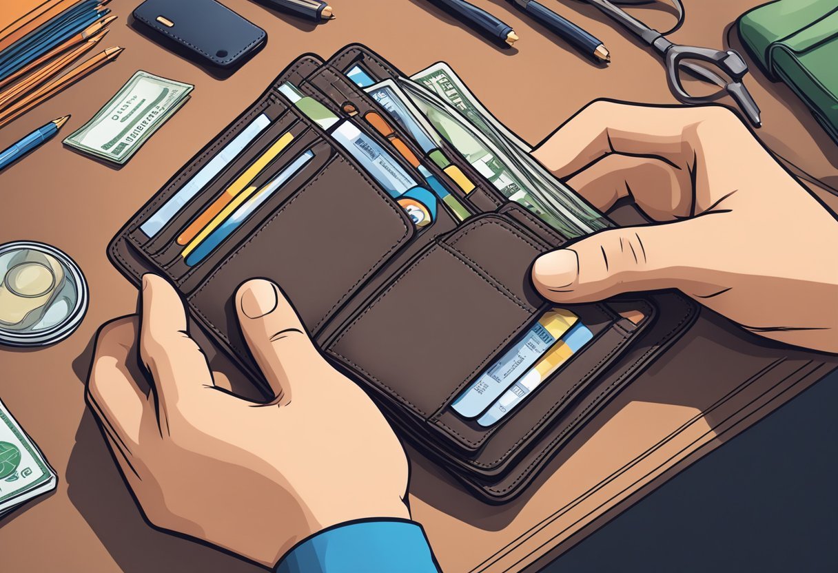 A man's wallet with multiple card slots being examined for purchase