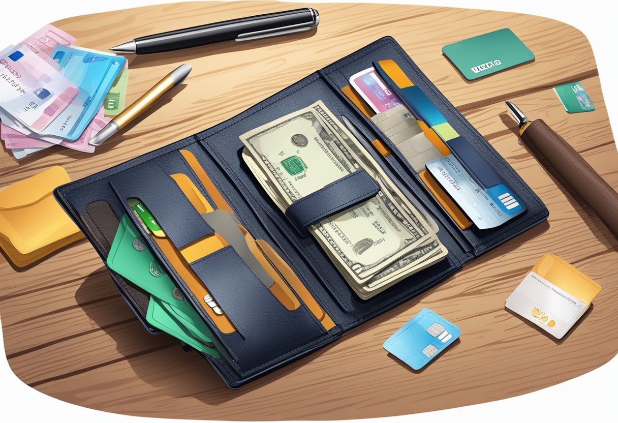 A leather wallet with multiple card slots and a coin compartment lies open on a wooden table, surrounded by scattered credit cards and receipts