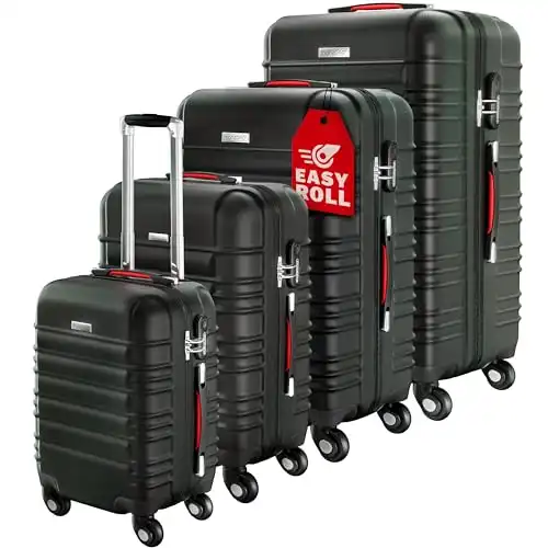 Monzana Kofferset Baseline Hartschalen Koffer S-M-L-XL Gel-Griffe 4 Rollen ABS Hardcase Schloss Füße Trolley Rollkoffer Reisekoffer 4er Set Schwarz