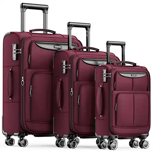 SHOWKOO Kofferset 3 Teilig Weichschale Stoffkoffer Erweiterbar Reisekoffer Leicht Haltbar Trolley Handgepäck Sets mit TSA Schloss und 4 Rollen (M L XL -Rot)