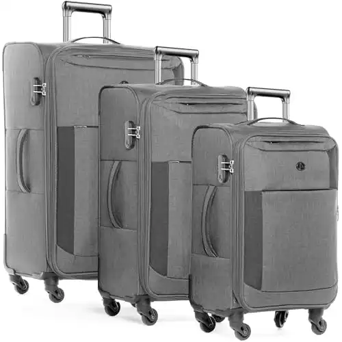 FERGÉ Kofferset Weichschale 3-teilig erweiterbar Saint-Tropez Trolley-Set - Handgepäck 55 cm, L und XL 3er Set Stoffkoffer Roll-Koffer 4 Rollen Stretch-Flex grau