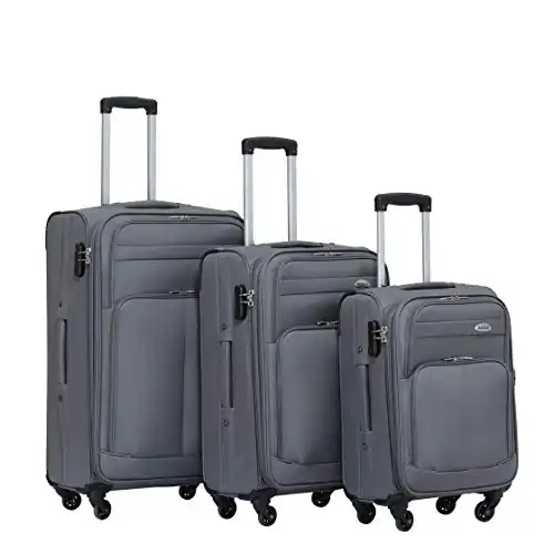 BEIBYE 4 Rollen Reisekoffer 3tlg.Stoffkoffer Handgepäck Kindergepäck Gepäck Koffer Trolley Set-XL-L-M (Grau, Set)