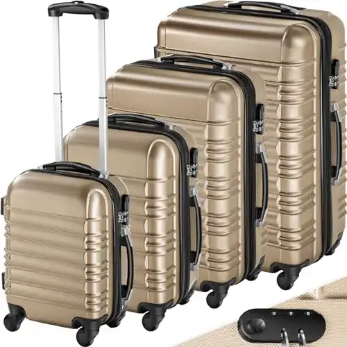 tectake 4 tlg Reisekoffer Set, Hartschalenkoffer Set, Trolley Kofferset, ABS Hartschalen Reisekofferset, Reisetasche, Trolley, Gepäck, Koffer Set, 4 Rollen, 360 Grad drehbar, Teleskopgriff - champagn...