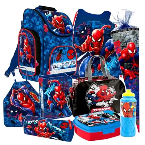 SPIDERMAN 9 Teile Set Schulranzen Ranzen Malschürze Schulrucksack Federmappe Tasche Schultüte 85 cm Tornister mit Sticker-von-Kids4shop