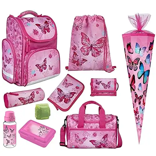 Familando Mädchen Schulranzen 1. Klasse Butterfly ergonomischer Tornister Schmetterling Schultasche im Set (10-teilig mit Schultüte)