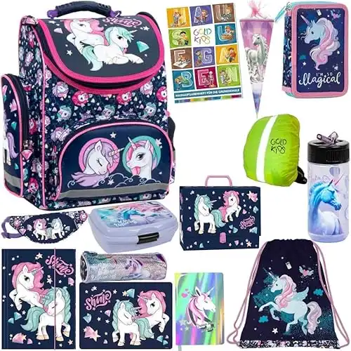 Goldkids Schulranzen XXL Set 15er Ranzen Tornister Federmappe Turnbeutel Gummizugmappe Zuckertüte Brotdose Trinkflasche Aufgabenheft Aktentasche Einhorn Unicorn Motiv