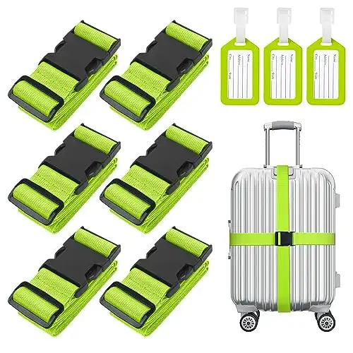 Flintronic 6-St ck Premium Gep ckgurt Koffergurt Kofferband Einstellbare rutschfest Gep ckband Lang kofferb nder Luggage Strap + 3 St ck Kofferanh nger Sicher Reisen f r Koffer - Gr n