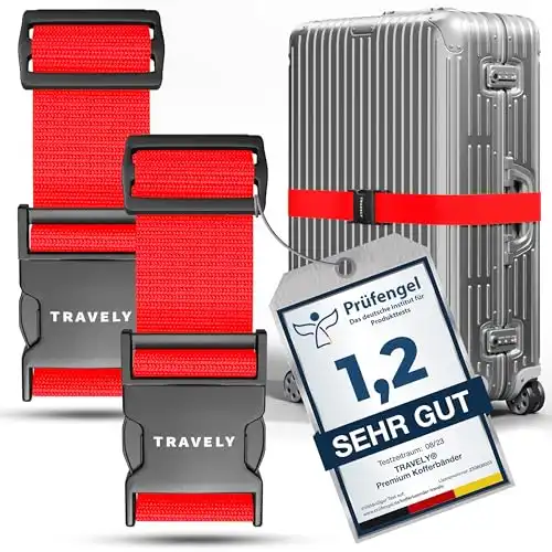 Travely Premium Koffergurt - Besonders Auffällig & Sicher - Inkl. 2 Namensschildern - Gepäckband ideal über Kreuz - [2er Set] - Rot