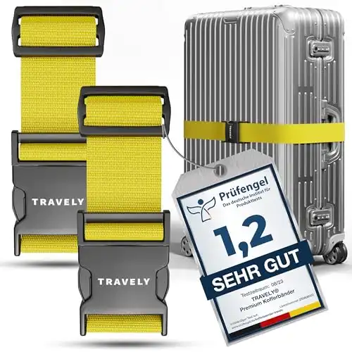 Travely Premium Koffergurt - Besonders Auff llig & Sicher - Inkl. 2 Namensschildern - Gep ckband ideal ber Kreuz - [2er Set] - Gelb