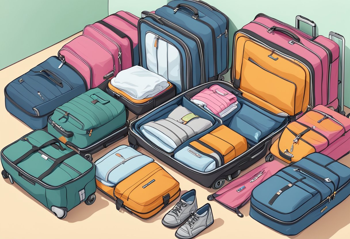 A family's luggage organized with packing cubes, diaper bags, and strollers for a stress-free vacation