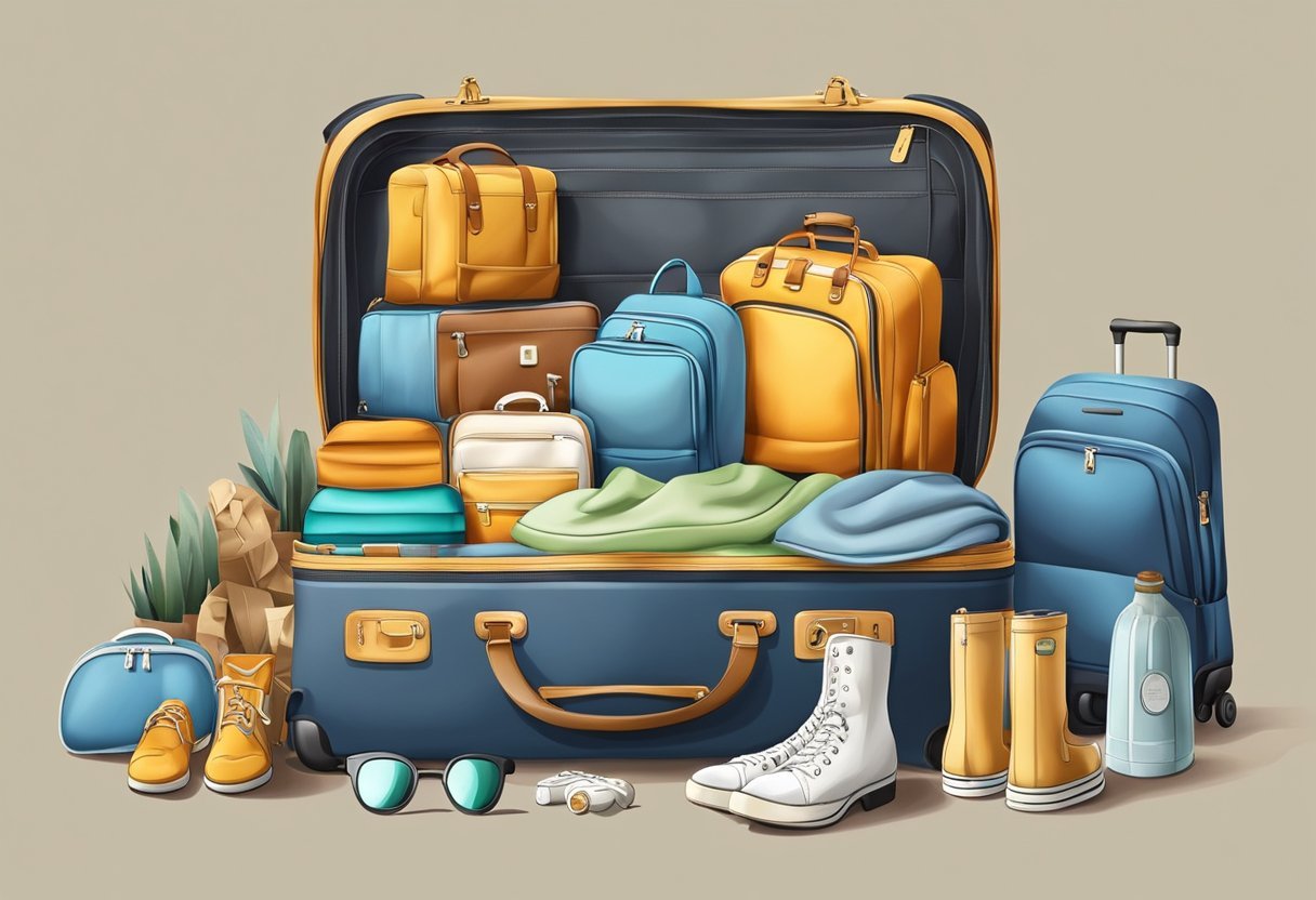 A family's luggage neatly organized with travel essentials for parents and children, ready for a smooth and enjoyable journey