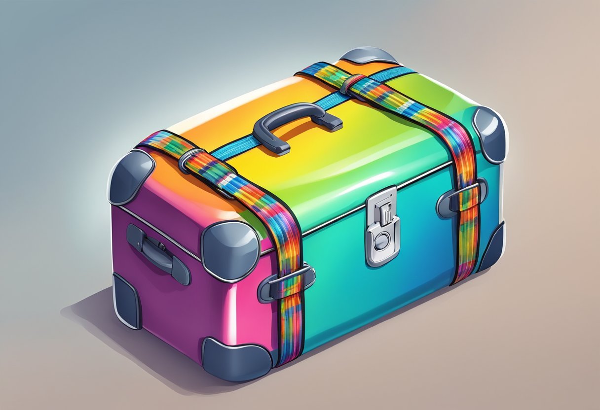 A suitcase secured with a sturdy and colorful luggage strap, featuring a combination lock for added security. The strap is wrapped snugly around the suitcase, ensuring a stress-free and safe journey