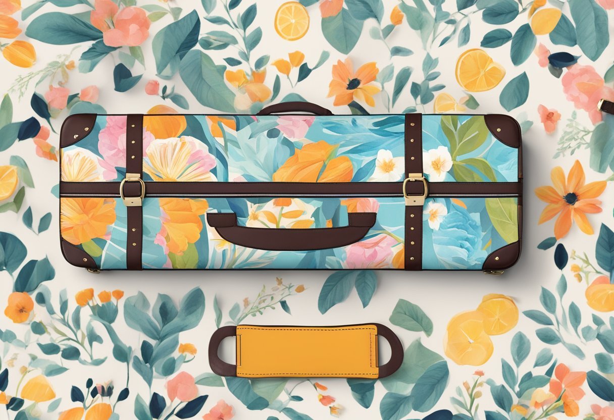 A suitcase with personalized luggage strap featuring colorful patterns, monograms, or travel-themed designs. The strap wraps around the suitcase, adding a personal touch to the traveler's luggage