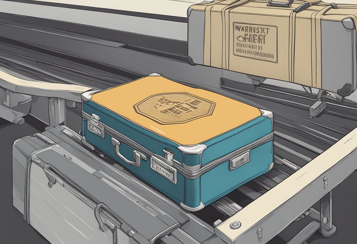 A suitcase sits open on a conveyor belt, its unfastened straps dangling. A sign above reads "Warum Dein Koffer Ohne Gurt Nicht Vollständig ist."