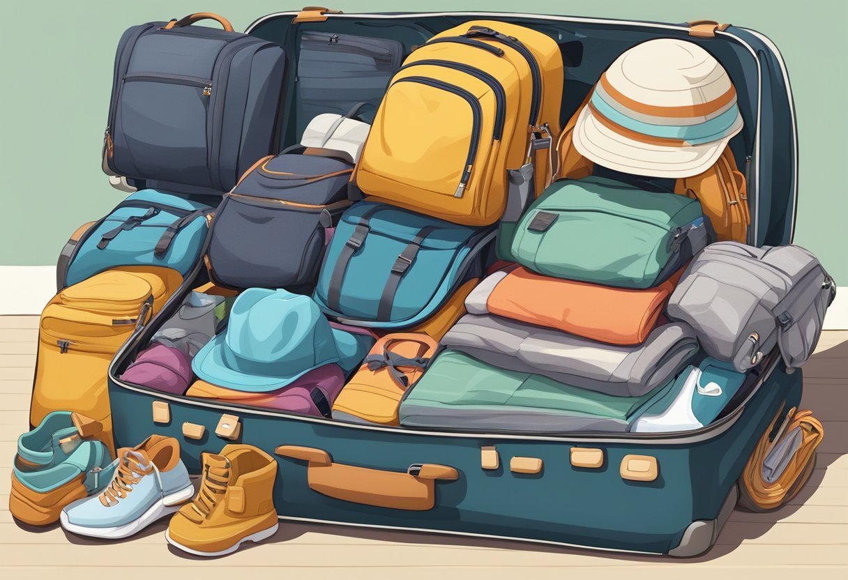 A family's luggage neatly packed with kid-friendly travel essentials, including backpacks, strollers, and car seats, ready for a stress-free vacation