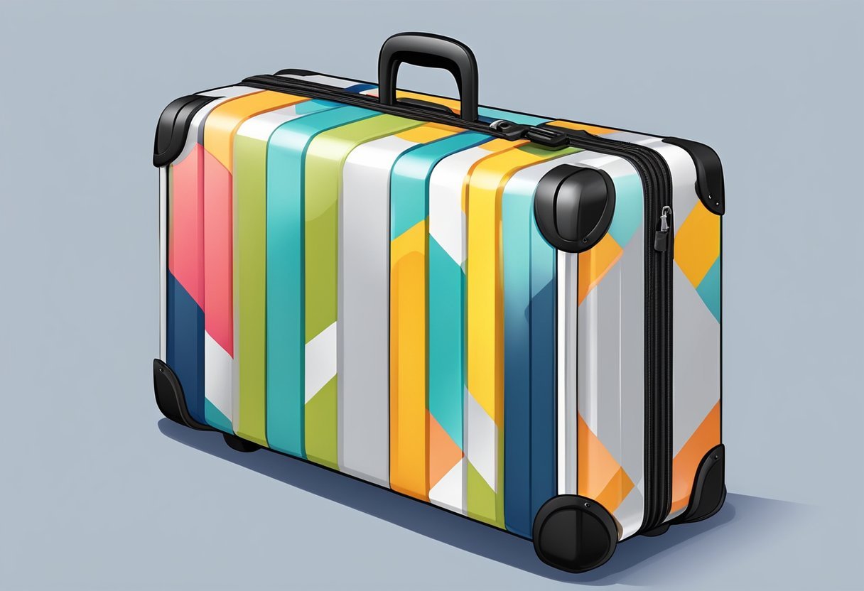 A suitcase with a colorful, adjustable luggage strap wrapped around it, securing the contents. The strap features a sturdy buckle and a TSA-approved lock for added security