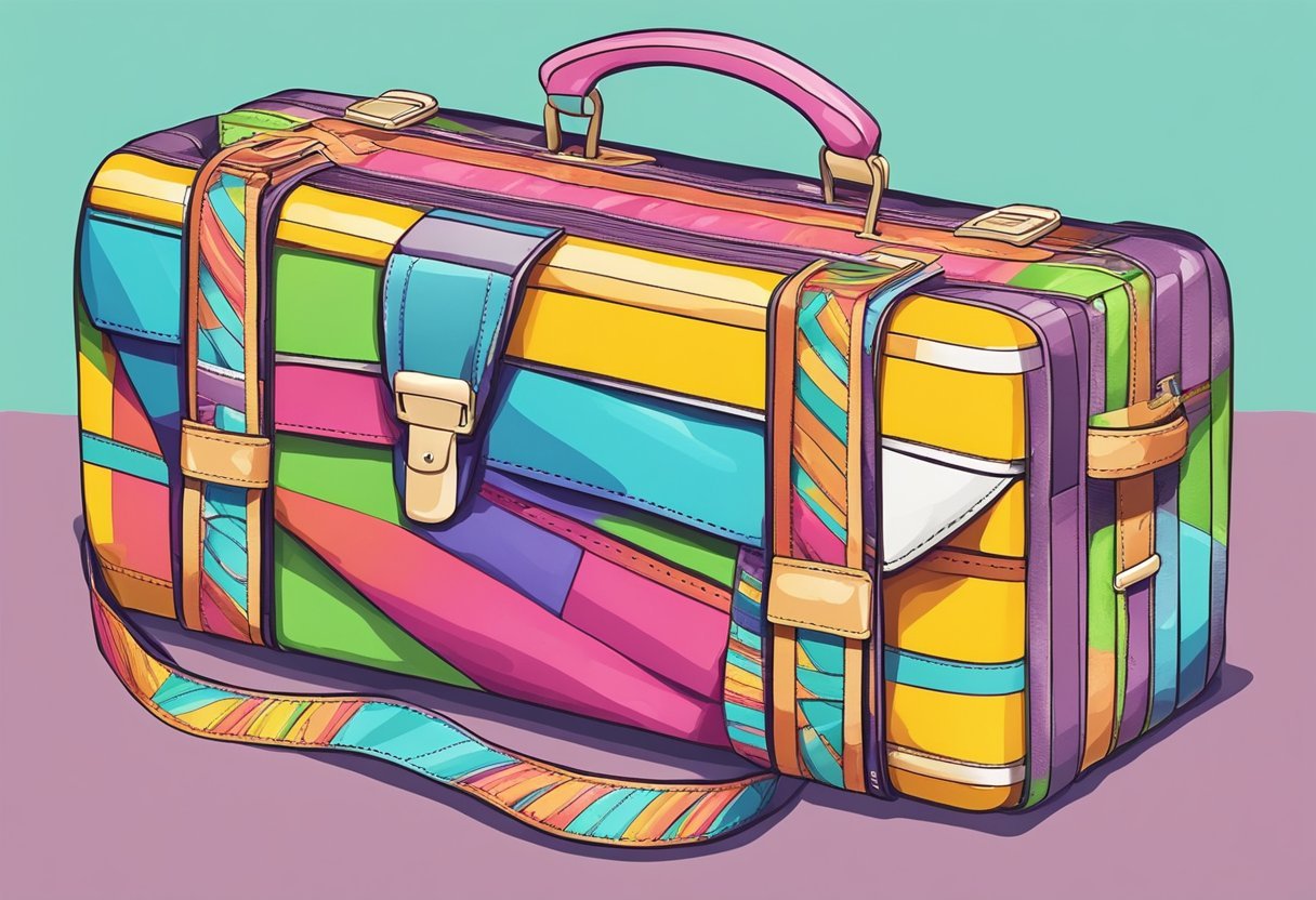 A colorful suitcase belt wrapped around a suitcase with unique DIY decorations