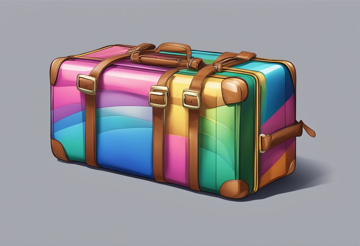 A suitcase with colorful luggage straps wrapped around it, ready for travel