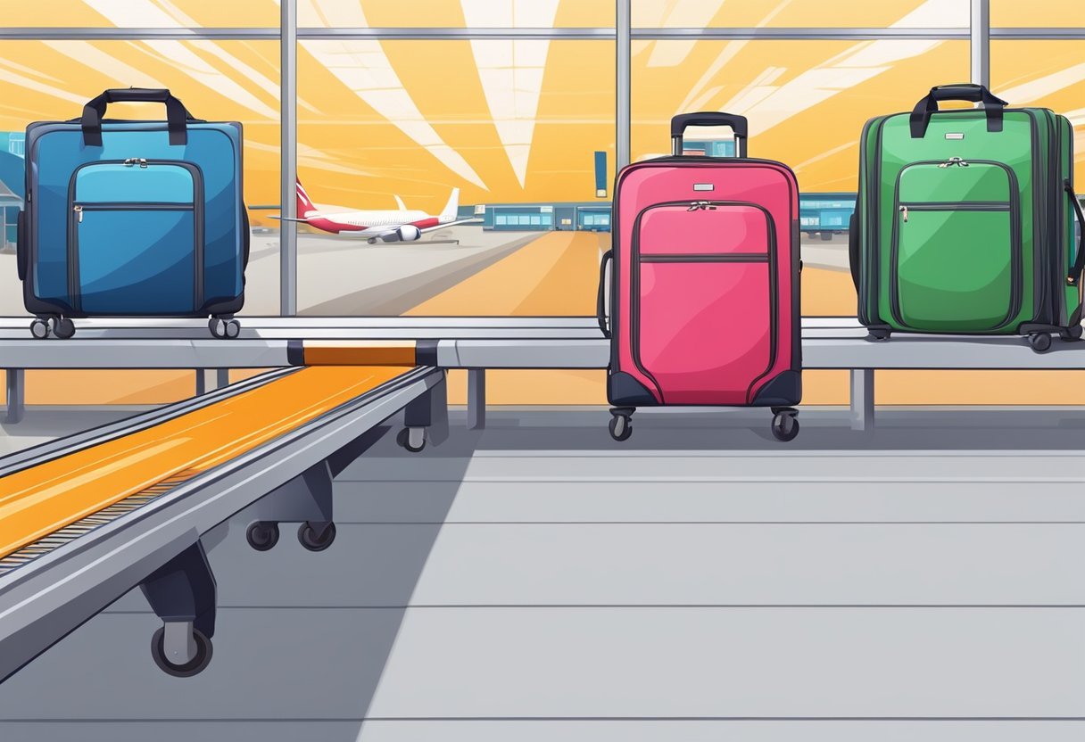 Luggage straps prevent mix-ups at airport. Bags with colorful straps on conveyor belt. Airport terminal in background