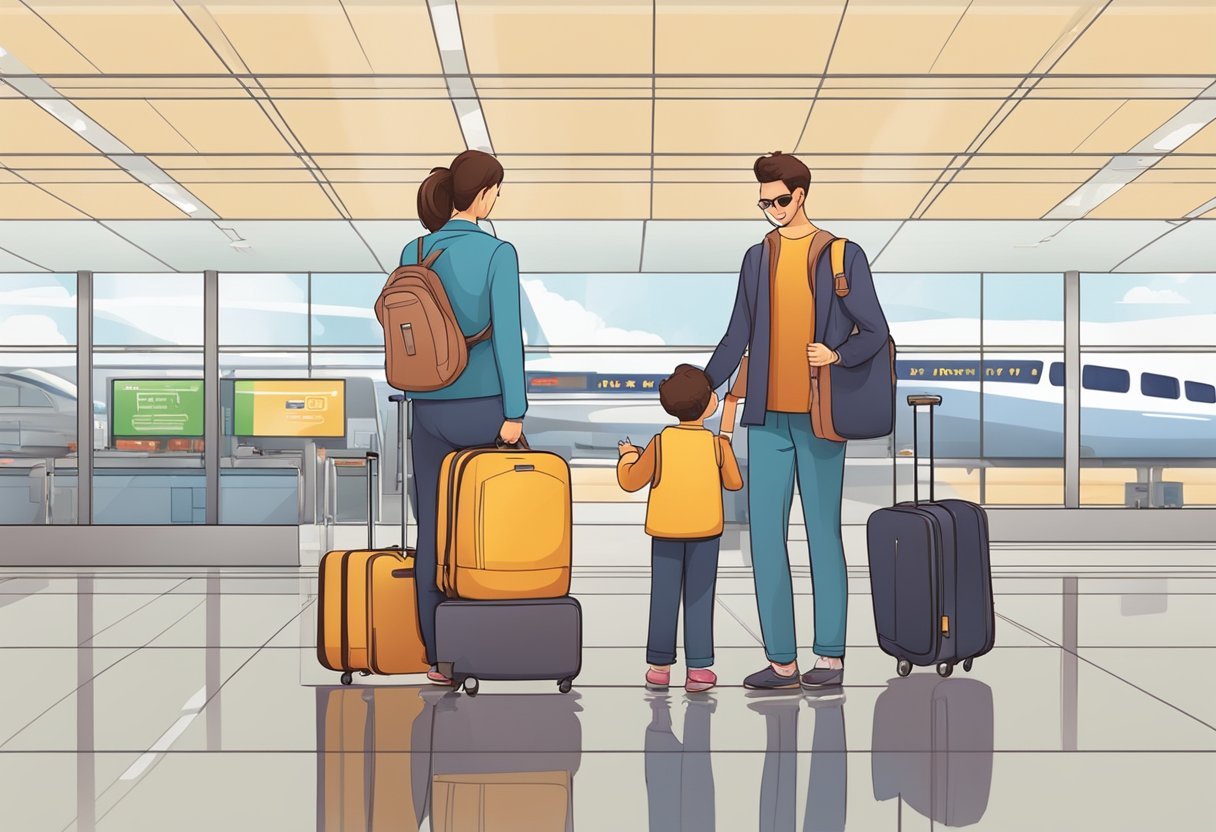 A family stands at an airport with luggage designed for parents and children, showcasing convenience and ease of travel