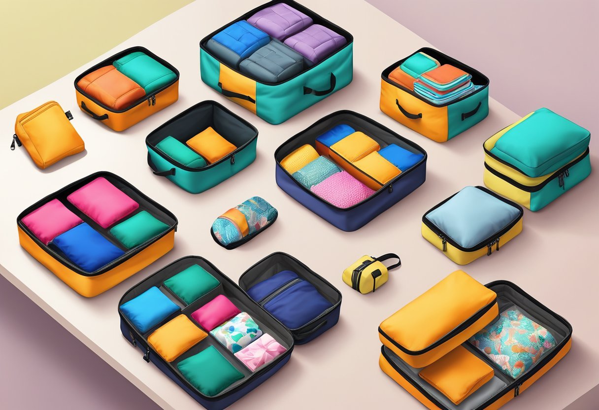 Eine bunte Auswahl an Packwürfeln und Reiseorganisatoren, die auf einem Tisch ausgestellt sind, mit verschiedenen Größen und Designs, ordentlich angeordnet für eine "Packwürfel-Test"-Illustration.