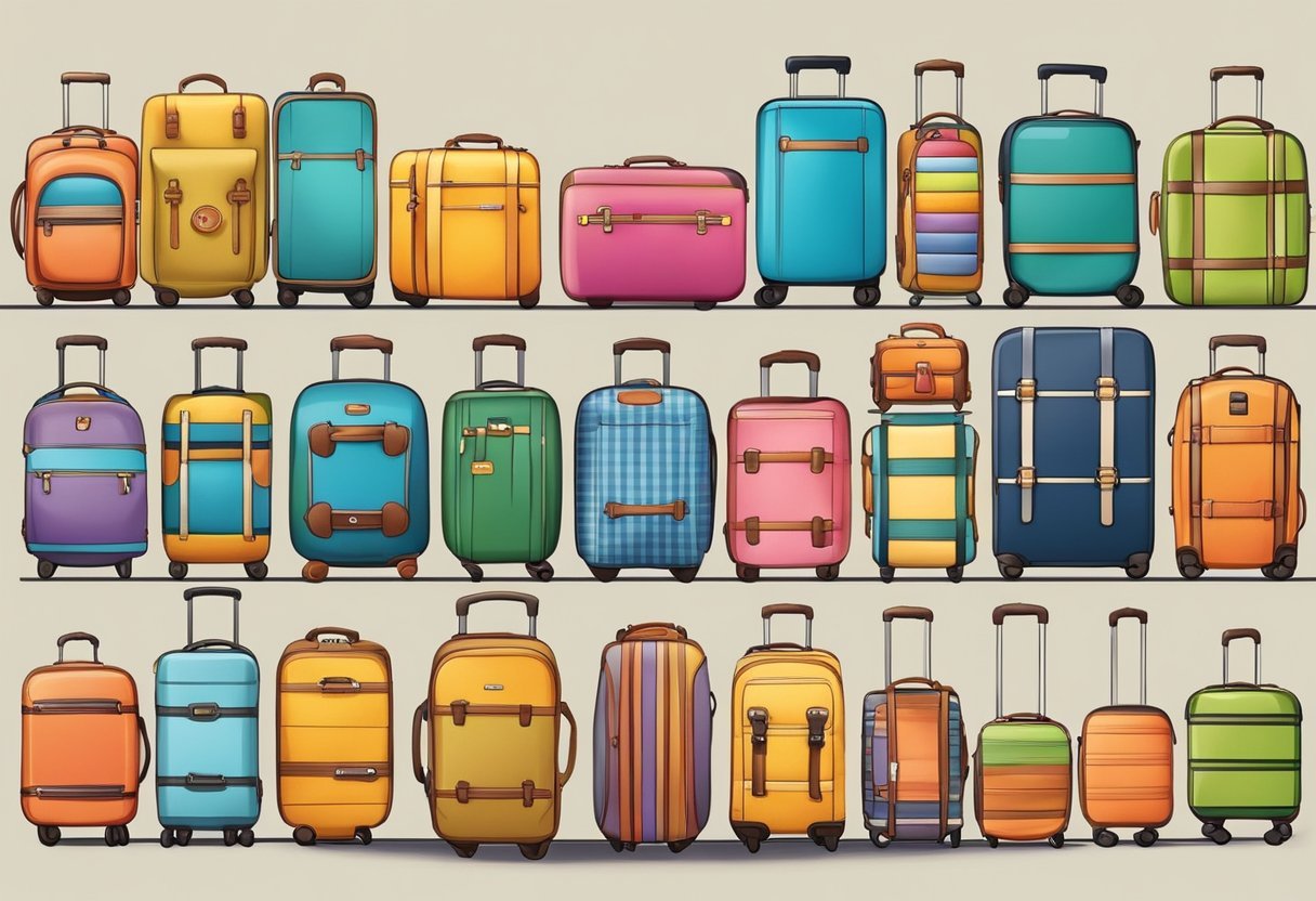 Eine bunte Auswahl an Kindersuitcases, einige mit verspielten Designs und andere mit Rädern, zur Vergleichsanzeige ausgestellt.