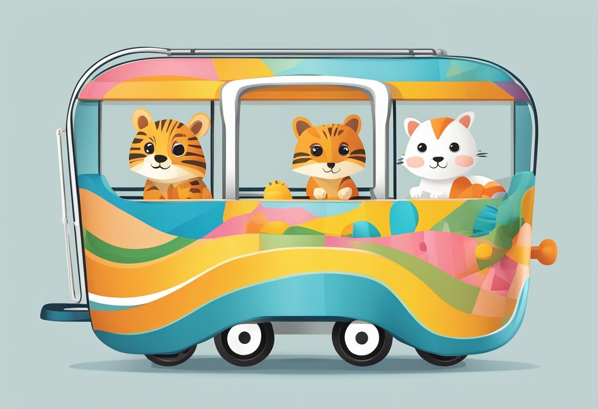 Ein bunter Kinderwagen mit Rädern, der verspielte Tierdesigns und einen stabilen Griff hat, bereit für Reisen.